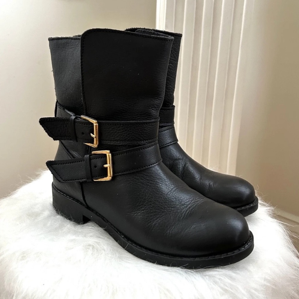 Seaside Black Leather Gold Buckles Moto Boots Made In Portugal Size EU 37